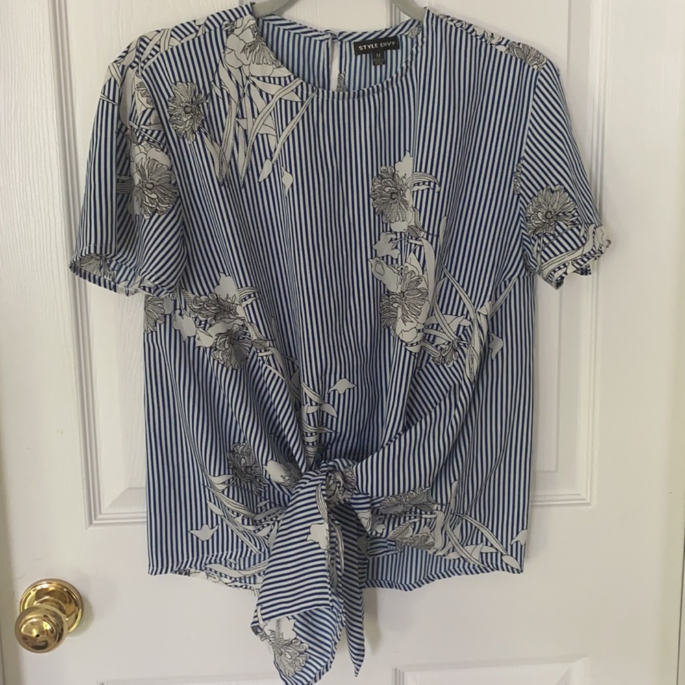 Style Envy Striped Blouse with Flower Design